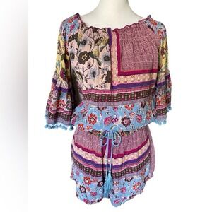Anthropologie Raga Robin Pom Pom Bohemian Off-Shoulder Romper, Size Medium